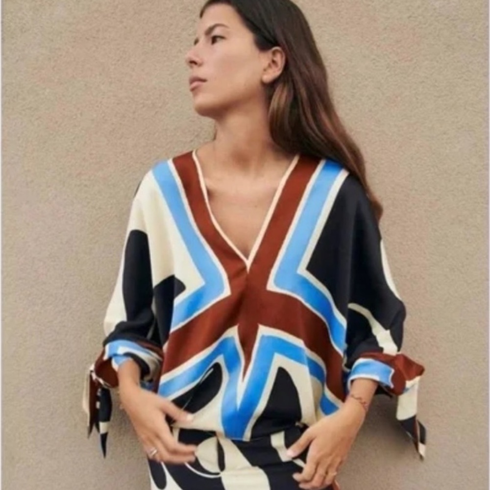 ZARA PRINTED BLOUSE WITH TIES ECRU